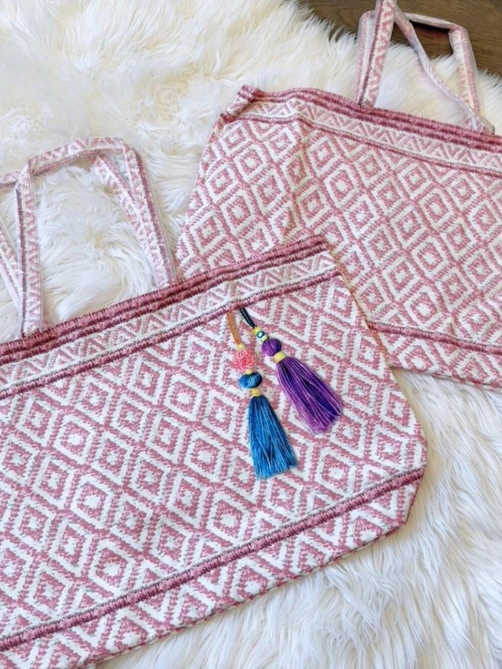 Set of 2 Estée Lauder Pink Tassel Canvas Tote Bags - NEW